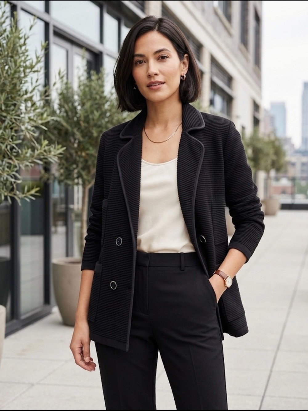 Woman’s Black Double-Breasted Ribbed Blazer Jacket